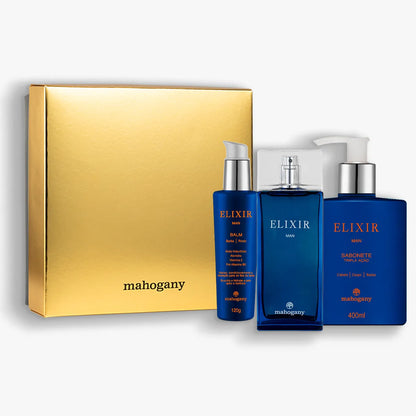 Kit Eau de Toilette Elixir Man com Sabonete Líquido, Balm Multifuncional e Caixa Dourada